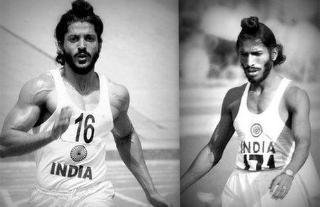 Farhan Akhtar (left) in Bhaag Milkha Bhaag and Milkha Singh (right)