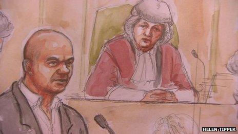 Court artist sketch of Mariusz Krezolek giving evidence