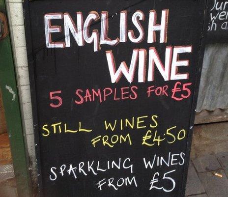 An blackboard advertising English wine