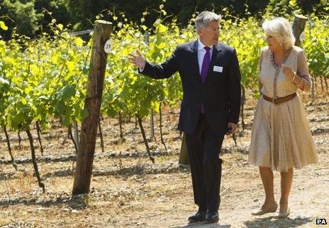 The Duchess of Cornwall walking with managing director Ian Kellett during her visit to Hambledon Vineyard in Hampshire