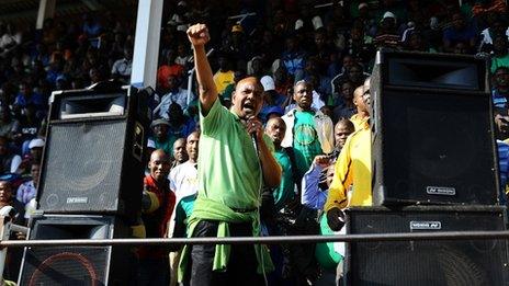 AMCU president Joseph Mathunjwa addresses thousands of Lonmin mine striking workers on 15 May 2013