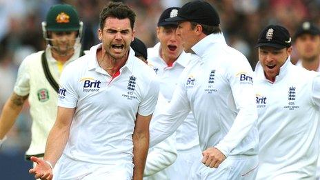 England's James Anderson celebrates the wicket of Australia captain Michael Clarke