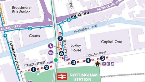 A map of the replacement bus stops