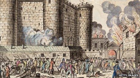 Illustration of citizens of Paris, headed by the National Guards, storming the Bastille prison on 14 July 1789