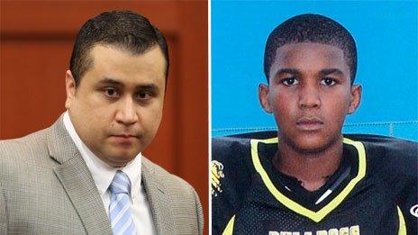 George Zimmerman at trial (left) and family photo of Trayvon Martin (right)