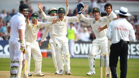 Australia's players are incensed after Stuart Broad is given not out by umpire Aleem Dar