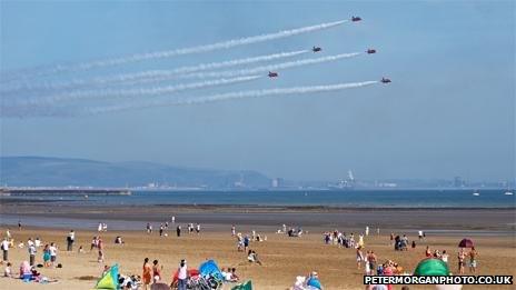 Red Arrows across Swansea beach