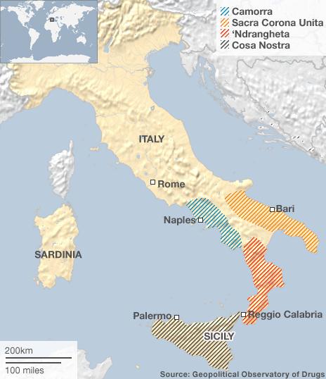 Map showing organised crime groups in Italy