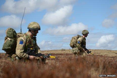 troops on manoeuvre in countryside