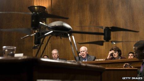 A small drone is on display during a Senate hearing