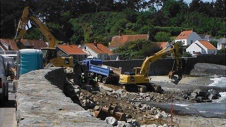 Repairs being carried out on Perelle sea wall