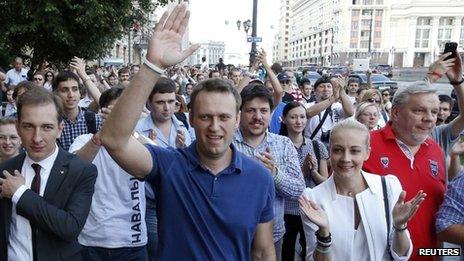 Russian opposition leader and blogger Alexei Navalny (C, front), and supporters