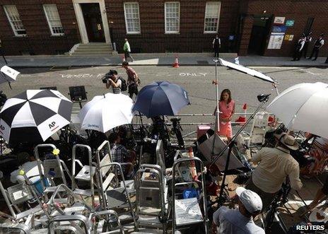 Massed ranks of the media outside the hospital