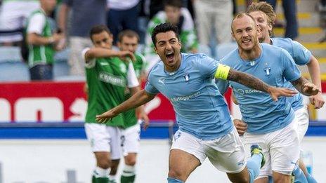 Jiloan Hamad celebrates scoring for Malmo against Hibernian