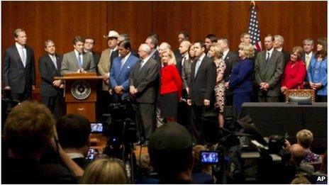 Texas Governor Rick Perry speaks at the abortion bill signing in Austin, Texas 18 July 2013