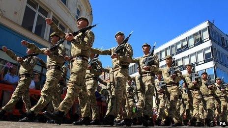 Soldiers from the Princess of Wales's Royal Regiment march through Folkestone, Kent