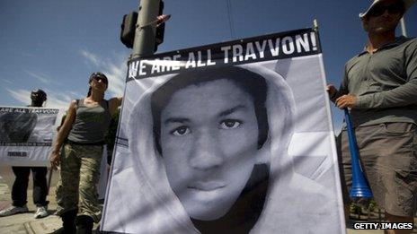 Americans angry at the acquittal of George Zimmerman over the killing of Trayvon Martin protest in Los Angeles, California, 14 July 2013