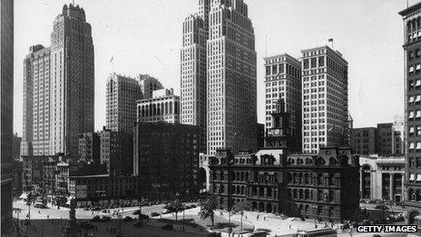 A view of Detroit with the City Hall in the foreground. Taken circa 1935