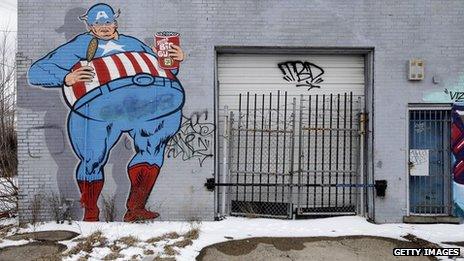 Graffiti showing Captain America covers an abandoned building in Detroit. File photo from February 2013