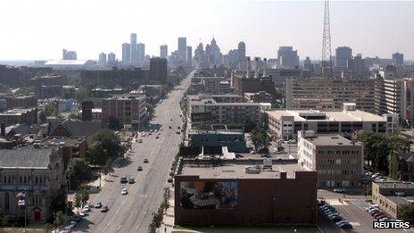 A view of the Detroit skyline is seen looking south up Woodward Avenue in Detroit.