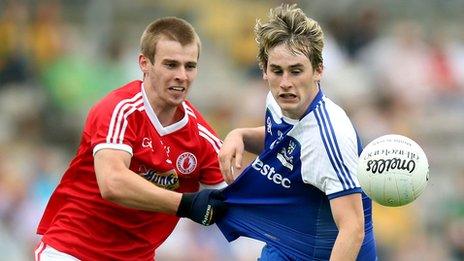 Tyrone's Shea Hamill battles with Monaghan's Adam Treanor