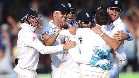 England celebrate their 347-run victory at Lord's