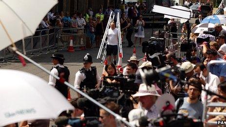 Reporters outside the Lindo Wing of St Mary's Hospital