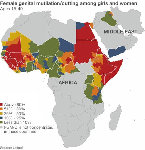 Map showing female genital mutilation/cutting prevalence in Africa and the Middle East