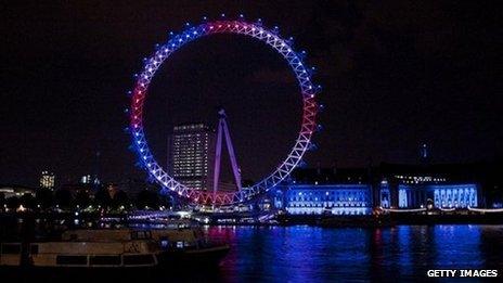 The London Eye was illuminated in the colours of the union jack