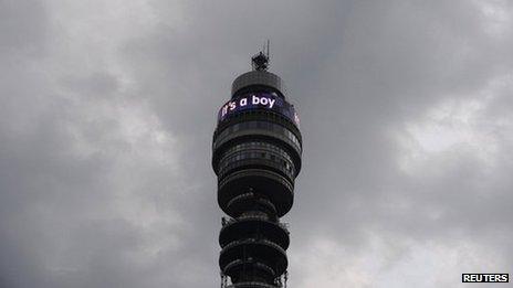 British Telecom tower displays "it's a boy" to mark the birth of a baby boy for Catherine, Duchess of Cambridge