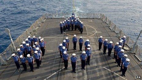 Ministry of Defence undated handout photo of HMS Kent as it celebrates the Royal Birth of the Duke and Duchess of Cambridge's child.