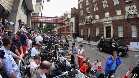 The public - along with members of the global press - are waiting for a first glimpse of the royal baby outside the hospital