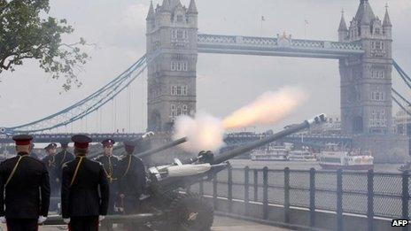 Honourable Artillery Company fire a gun salute at the Tower of London