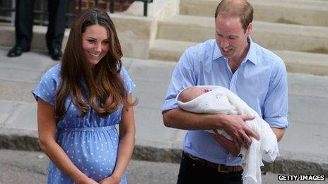 Duke and Duchess of Cambridge outside the Lindo Wing of St Mary's Hospital with their new baby boy on 23 July 2013