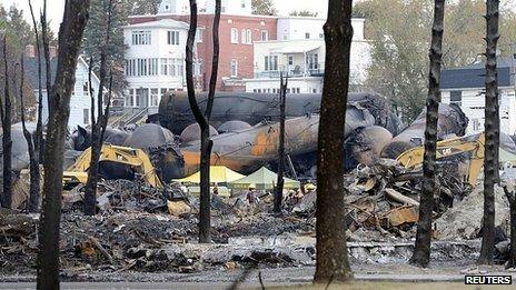 Wreckage of oil tankers in Lac-Megantic, Quebec. 16 July 2013