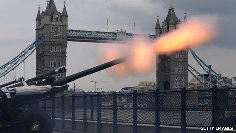 62 gun salute to mark the birth of Prince George at the Tower of London in central London on July 23, 2013