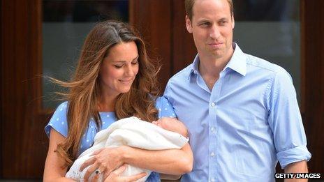 Duke and Duchess of Cambridge outside the Lindo Wing of St Mary's Hospital with their new baby boy on 23 July 2013