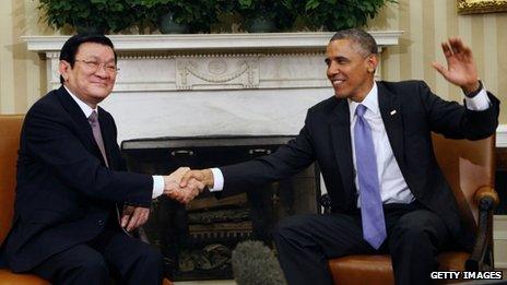 US President Barack Obama meets President Truong Tan Sang of Vietnam in the Oval Office on 25 July 2013 in Washington, D.C