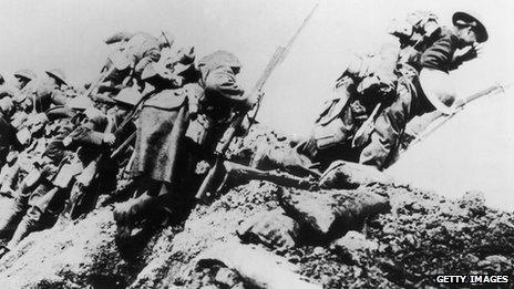 British troops climbing from their trench on the first day of 'The Big Push' on the Somme during World War I