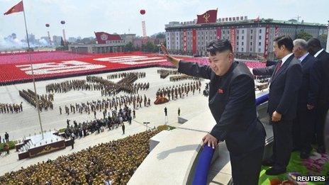 North Korean leader Kim Jong-un waves during a military parade to at Kim Il-sung Square in Pyongyang