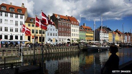 A canal in Copenhagen with brightly coloured buildings