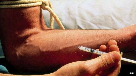 Drug user injecting heroin