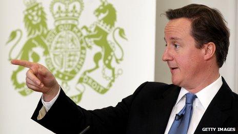 David Cameron delivering a speech and pointing