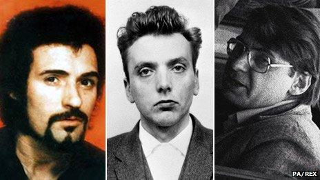 Left-right: Peter Sutcliffe, Ian Brady, Dennis Nilsen