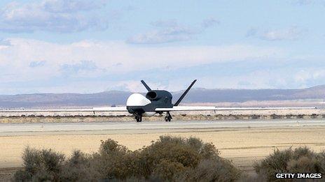 A Global Hawk on a tarmac, shown in 2003, that was made in Palmdale, California