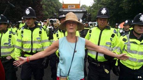 Protester at the test drilling site near Balcombe on Friday