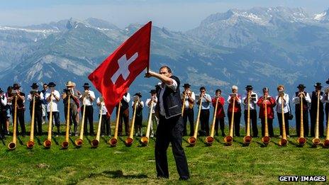 Swiss flag at Nendaz alphorn festival, 28 Jul 13