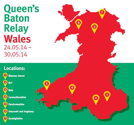 A map of the route the baton will take in Wales