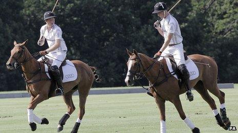 The Duke of Cambridge and Prince Harry playing a charity polo match at the Audi Polo Challenge, at Coworth Park, Berkshire