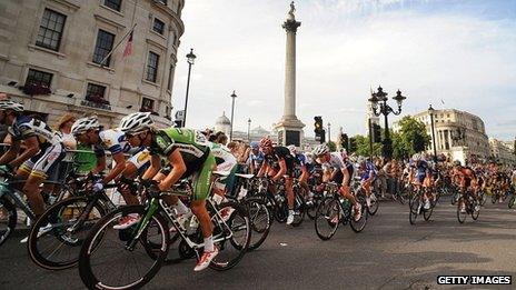 Riders pass Trafalgar Square